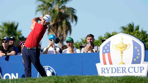 Brian Harman play his tee shot off the 10th hole during a practice round ahead of the 2023 Ryder Cup at the Marco Simone Golf Club in Rome, Italy.